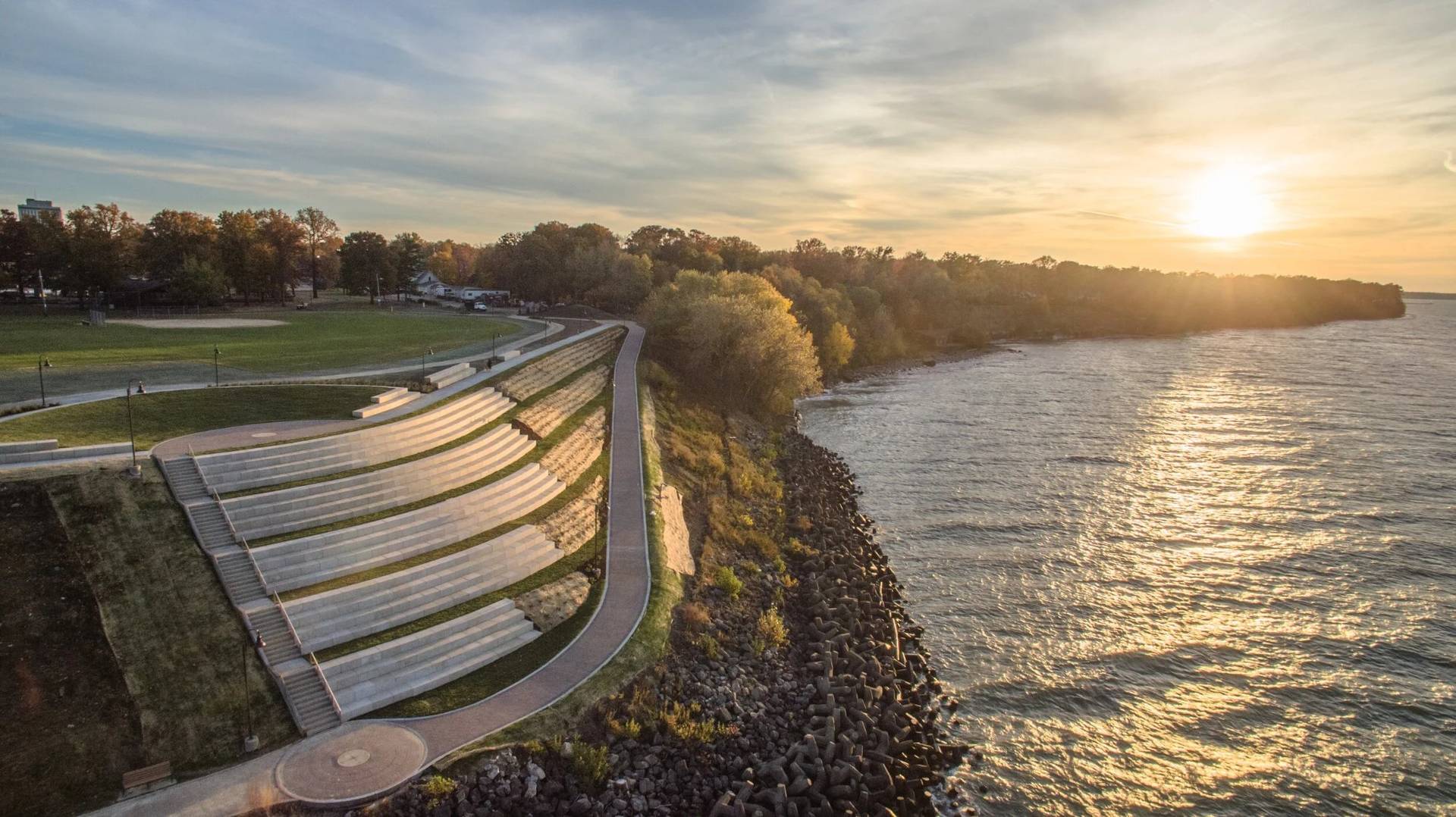 The Solstice Steps at Lakewood Park on Lake Erie at sunset, Lakewood, Ohio